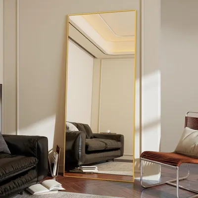 Produktbild von Ganzkörperspiegel 170 x 70 cm Gold Aluminiumrahmen mit Ständer zum Anlehnen oder Aufhängen Sicherheitsglas