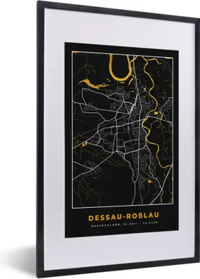 Produktbild von MuchoWow® Gerahmtes Poster Schwarz und Gold - Stadtplan - Desseau Roßlau - Deutschland - Karte 40x60 cm - Poster mit Schwarzem Bilderrahmen Wandposter Rahmen Foto Bilder - Poster in Rahmen