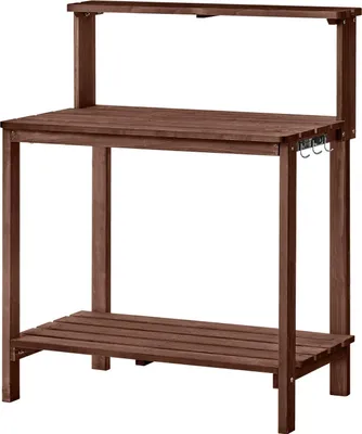 Immagine prodotto di Tavolo da giardinaggio, postazione di lavoro per giardinaggio all'aperto con piano in legno da 91 x 49,5 x 108,5 cm, postazione di lavoro per piantare in giardino con ripiani portaoggetti, gancio per patio esterno, cortile, marrone