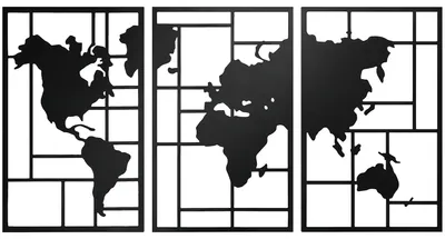 Obrázok produktu pre Dekoratívna kovová mapa sveta, 3-dielna | Farba: čierna | Rozmery: 150 x 1,9 x 80 cm