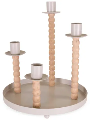Produktbild von Stabkerzenhalter 4-fach auf Tablett Holz-Metall Natur-Beige Ø 20x23 cm