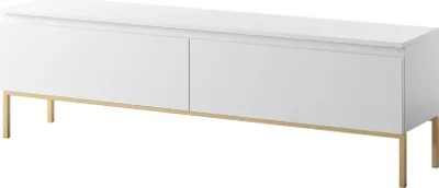 A white TV stand with a gold metal frame on a white background.