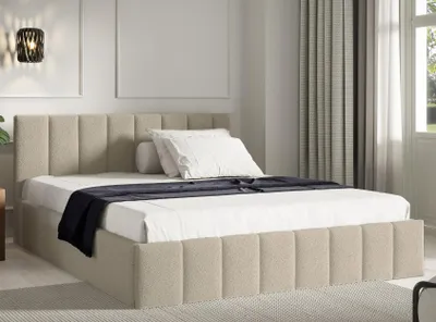 Obrázek produktu pro Čalouněná postel 180x200 Béžová látková postel Boucle s dřevěným lamelovým roštem a úložným prostorem