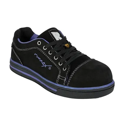 A single black and purple safety shoe is shown against a white background.