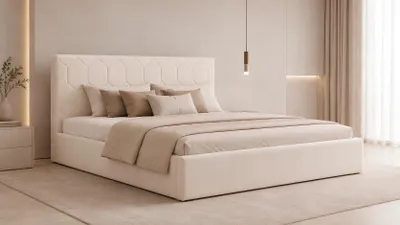 Produktbild von Polsterbett, Doppelbett mit Gepolsterter Kopfteil, Bett mit Kopfstütze, Bettkasten und Lattenrost, Rahmenbettgestell, Samststoff, Stauraumbett - Bett 02 - 180x200 - Cream (TRINITY 1)
