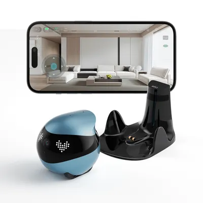 A blue and black robot pet with a charging dock and a smartphone displaying a live feed of a living room.
