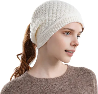 Produktbild von Damenmütze, dick gestrickt, mit Loch für Pferdeschwanz, einfarbig, hält warm, Beanie, elastisch, Ohrenschutz, für Outdoor, Camping, Reisen, Skating, Kopfbedeckung, Weiß
