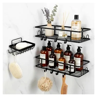 Produktbild von Duschregal ohne Bohren, 3-teiliges rostfreies Badezimmer-Organizer-Set für Dusche und Küche mit 8 Haken