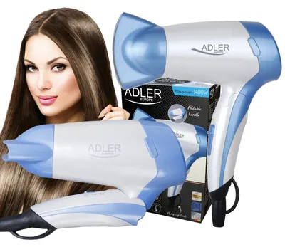 Image de Sèche-cheveux de voyage, Pliable, 1200 W, 2 niveaux de puissance, Blanc/Bleu