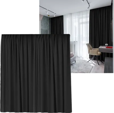 A black curtain is shown in the foreground, with a bedroom scene in the background.