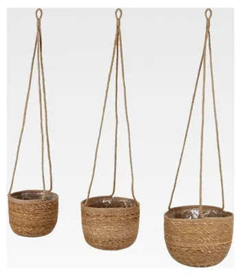 Produktbild von Seegras Blumenampel Natur 3er Set - 23, 20, 17 cm - Hängender Pflanztopf aus Naturmaterial - Hänge Blumentopf Pflanzenhalter mit Innenfolie