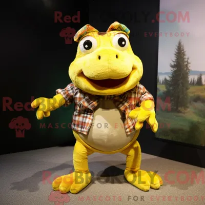 Produktbild von Maskottchen REDBROKOLY eines gelben Frosches mit Flanellhemd und Fußkettchen