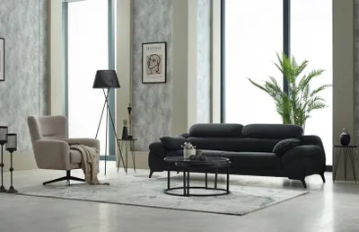 Produktbild von Komplette Couchgarnitur Polstersofa Dreisitzer Stoff Schwarz Sessel