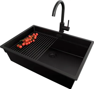 Produktbild von PRIMAGRAN Granitspüle Alles Schwarz 66x47cm, Spülbecken 1 Becken + Ablauf-Set + Küchenzubehörset, Küchenspüle ab 70er Unterschrank - Praga Slim