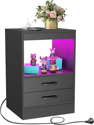 Produktbild von Nachttisch mit LED Beleuchtung, mit Steckdose,2 Schubladen für Schlafzimmer 40x35x60cm Schwarz