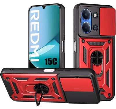 Image de Coque pour Xiaomi Redmi 15C 4G/5G, Protection Résistante avec Anneau et Cache Caméra Coulissant - Rouge