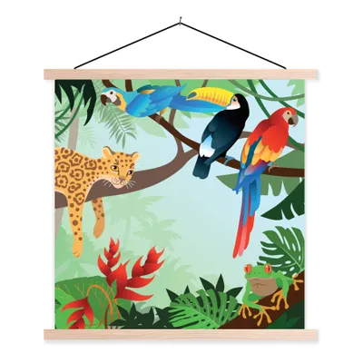 Produktbild von MuchoWow® Textilposter Dschungeltiere - Tukan - Jungen - Mädchen - Leopard 120x120 cm mit holzfarbenen Rahmen - Textil-Poster