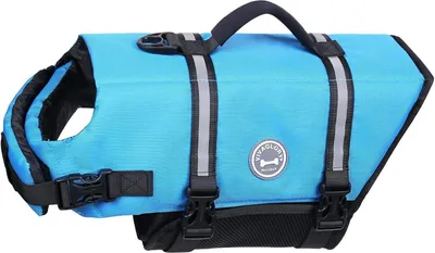 A blue dog life vest is shown against a white background.