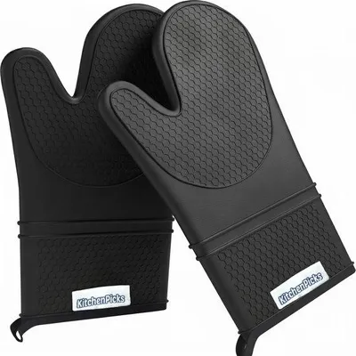 Produktbild von Unyqoos® Silikon-Ofenhandschuhe 2er-Set – temperaturbeständig (−70 bis +250 °C), BPA-frei, antirutsch, gepolstert, schwarz, leicht zu reinigen