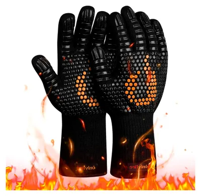 Produktbild von Hitzebeständige Grillhandschuhe bis 800°C, rutschfeste Ofenhandschuhe, feuerfeste Handschuhe für Backen, Grillen, Kochen und BBQ, Kamin-Handschuh, Schwarz