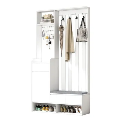 Produktbild von Flurgarderobe mit gepolsterter Aufbewahrungsbank,multifunktionaler Flur-Schuhschrank mit Stecktafel,Garderobe mit 4 Haken,Waschküche,180*100*35cm