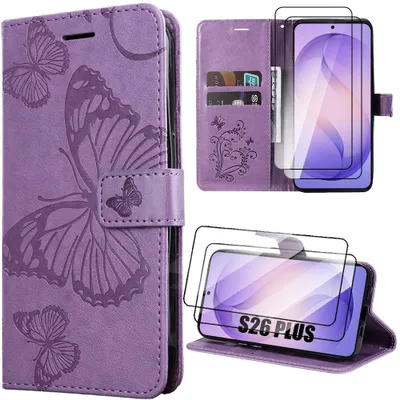 Image de Coque + 2 Verres Trempés pour Samsung Galaxy S26 Plus, Cuir Synthétique Anti-Rayures Motif Papillon Violet