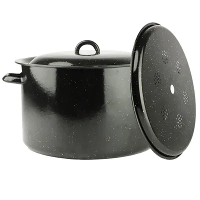 Produktbild von Einkochtopf emailliert 32 cm – 15L mit Einsatz | Einkocher schwarz-weiß gepunktet, für Einkochen, Pasteurisieren & Kompott, induktionsgeeignet