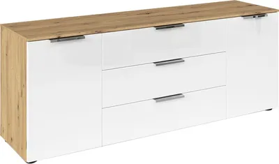 Produktbild von Lowboard - 160 x 61 cm - 2 Türen - 3 Schubladen - Artisan Eiche Nachbildung - Weiß - Glas
