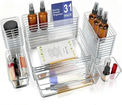 Produktbild von 31 Stück Organizer für Schubladen – Transparent und rutschfest – Ideal für Make-up, Küche oder Büro – Optimieren Sie Ihren Stauraum