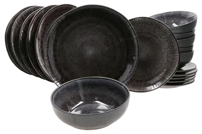 Zdjęcie produktu dla 18-częściowy zestaw talerzy Reactive Glaze Black 6-osobowa kamionkowa miska talerzowa czarna