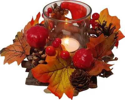 Produktbild von Herbstkranz Glas Windlicht 15cm Herbst Tischdeko Kürbis Tannenzapfen Blätter