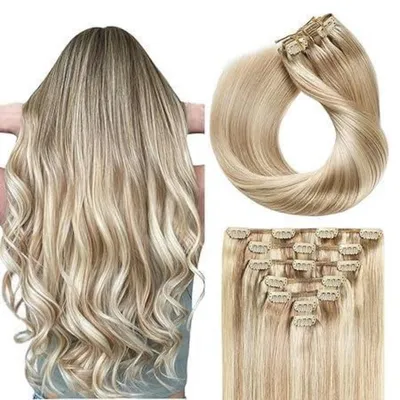 Productafbeelding van Haarverlengingen, echt haar, steil, 22 inch (55 cm), 100 gram, kleur #P18/613 (lichtbruin met blond), 7 stuks
