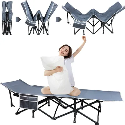 Produktbild von LZQ Camp Bed Skladacia kempingová posteľ, 190x62x38cm Prenosná kempingová posteľ Cestovná posteľ pre hostí do 250 kg, vrátane bočnej tašky a tašky na prenášanie, na vonkajšie kempovanie Cestovanie Záhradníctvo