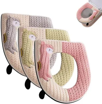 Productafbeelding van Unyqoos® 3-delige set wasbare toiletbrilhoezen – zacht bekleed, elastisch polyester, met rits en ophangoog, geschikt voor de meeste toiletbrillen