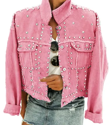 Produktbild von Omoone Damen-Jeansjacke, langärmelig, Nieten, leger, gewaschene Perlen, kurzer J