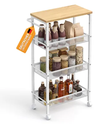 Produktbild von 4-stöckiger Rollwagen, schmaler Küchenwagen, Nischenregal auf Rollen, Stahl, Griff, für kleine Räume, 22 x 45,4 x 77 cm, Küche, Bad, Wohnzimmer, Arbeitszimmer, Eiche-Weiß LRC033W09