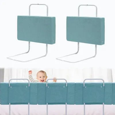 Produktbild von Vigevee 2x Bettgitter 60cm Grün, Bettschutzgitter Set, 5-Loch höhenverstellbar, Rausfallschutz Kinderbettgitter für Babybett & Familienbett