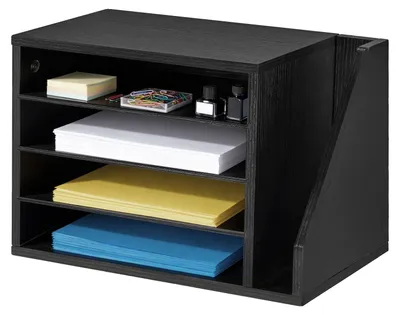 Productafbeelding van VEVOR documentenhouder met 4 compartimenten en uitneembare planken, houten archiefhouder met opvangbak, archiefmap voor kantoor, klaslokaal, literatuurorganizer voor documenten, papieren, zwart