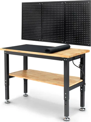Produktbild von stół warsztatowy 122 * 56 cm z regulacją wysokości nóżek, blatem roboczym i ścianką narzędziową z gniazdem