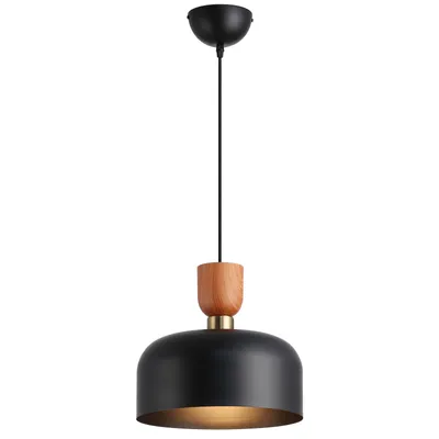Image de Suspension nordique moderne 30 cm - Métal noir avec effet bois, hauteur réglable, douille E27, cuisine ou salle à manger