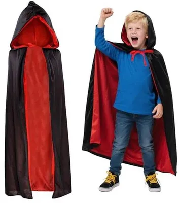 Productafbeelding van Vampier Cape Zwart-Rood voor Kinderen – Halloween Kostuum met Capuchon