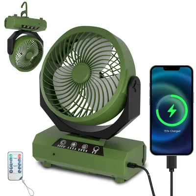 Produktbild von Peviasot Tischventilator,Camping Ventilator, wiederaufladbar, 20000mAh Akku, 4 Geschwindigkeiten, mit Fernbedienung, LED Licht und Haken,für Outdoor, Zelt,Grün