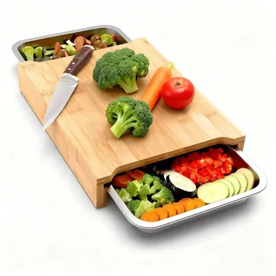 Image de Planche à découper en bambou avec bols en acier inoxydable pour la cuisine