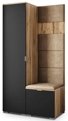 Produktbild von Masseno Garderobe-Set LORI 95/181/51 cm Modern Garderobenschrank Eiche Wotan, Veloursstoff MONOLITH 09 (Beige)