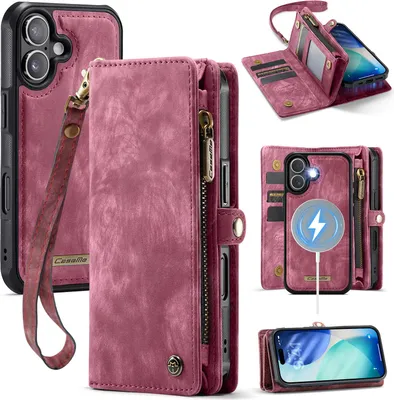 Produktbild von Schutzhülle für iPhone 17, Vintage Multifunktions Lederhülle, Kartenfächer, Reißverschluss Hülle Rot