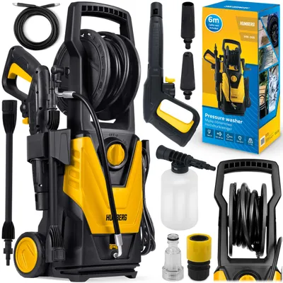 A collection of pressure washer components and its packaging, arranged on a white background.
