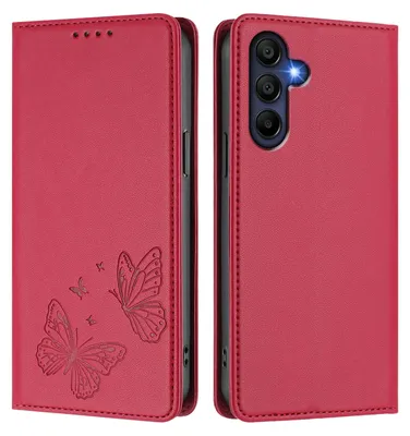 Produktbild von Lederhülle für Samsung Galaxy A16 5G/4G, Schmetterling Prägung Leder Brieftasche Schutzhülle mit Ständer Rot