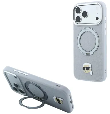 Imagen del producto de Funda Karl Lagerfeld con soporte de anillo y anilla para sujetar, compatible con iPhone 18 Pro / 17 Pro, color gris