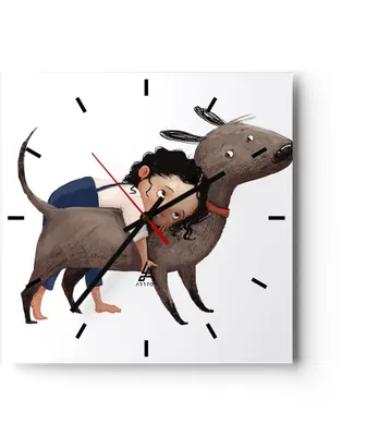 Produktbild von Wanduhr - Quadrat - Glasuhr - Kind Hund Bild - 40x40cm - Schleichendes Uhrwerk - Lautlos - zum Aufhängen bereit - Dekoration Modern - Wanddekoration aus Glas - C3AC40x40-4783