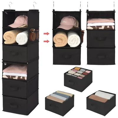 Image de Organisateur suspendu pour armoire, 1 pièce, étagère suspendue en tissu avec tiroirs, noir, rangement suspendu pour armoire, organiseur d'armoire, étagère suspendue pour chambre à coucher
